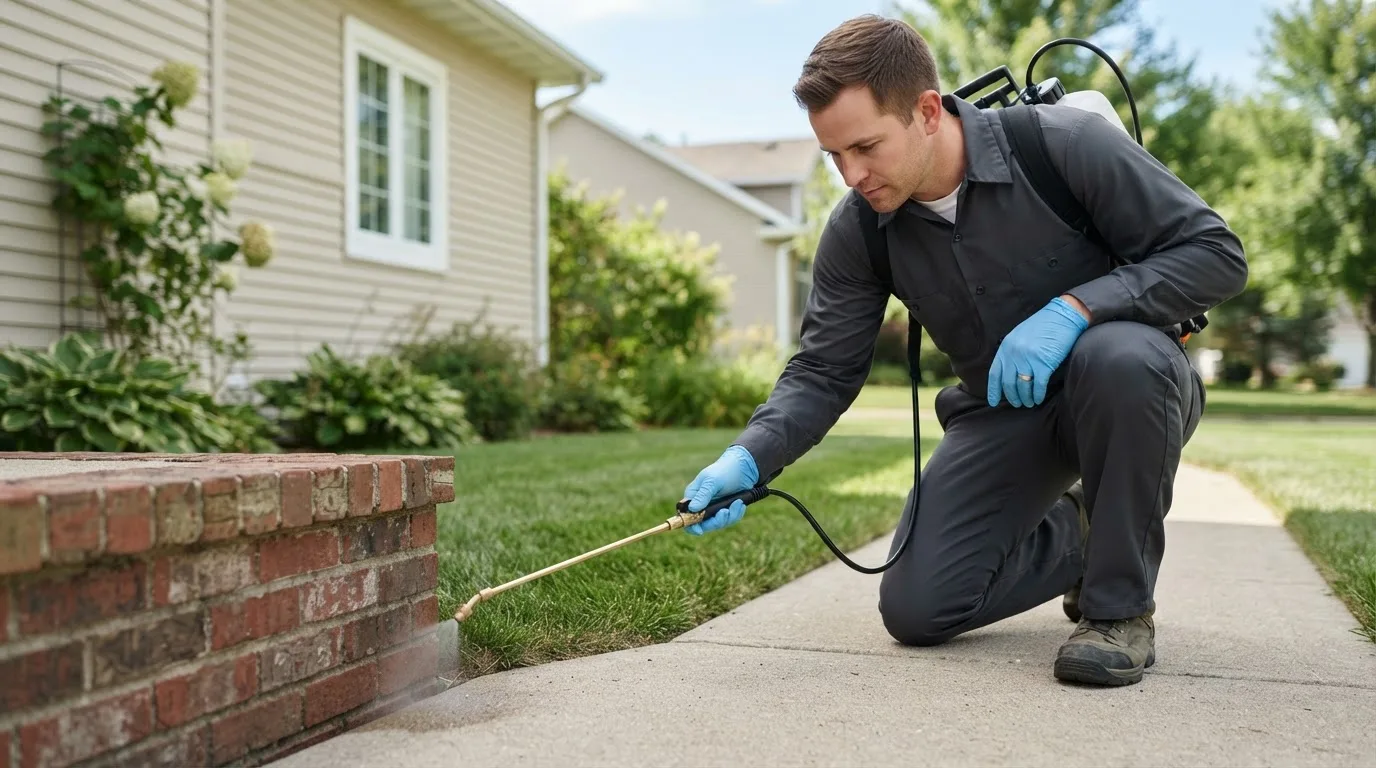 Pest control technician treating a home near Gem, KS